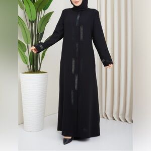 Elegant Black Abaya with Rhinestone Detailing, Size 44 / US 12. Made in Turkey